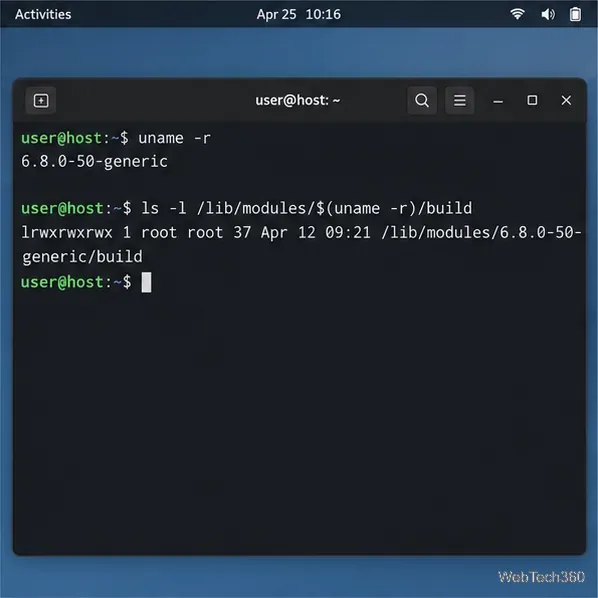 Illustrative terminal comparing the running Linux kernel with its module build directory