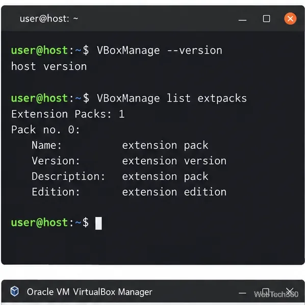 Illustrative VBoxManage list extpacks output with placeholder Extension Pack version details
