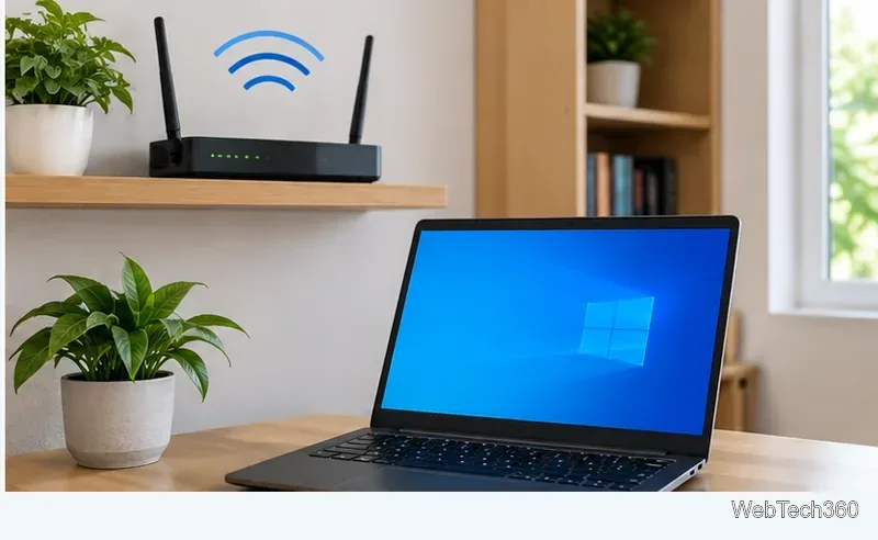 Wireless router positioned in an open area near a Windows 10 laptop