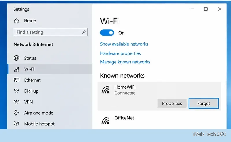 Windows 10 Wi-Fi settings showing Manage known networks and the Forget button