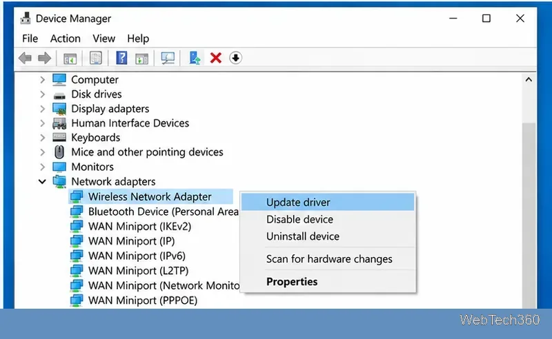 Windows 10 Device Manager with a wireless network adapter and Update driver selected