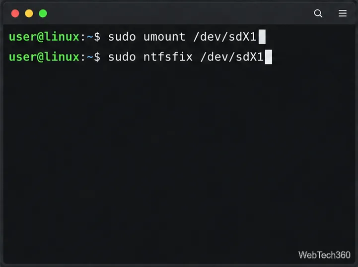 A Linux terminal shows the unmount command followed by ntfsfix for an example NTFS partition.