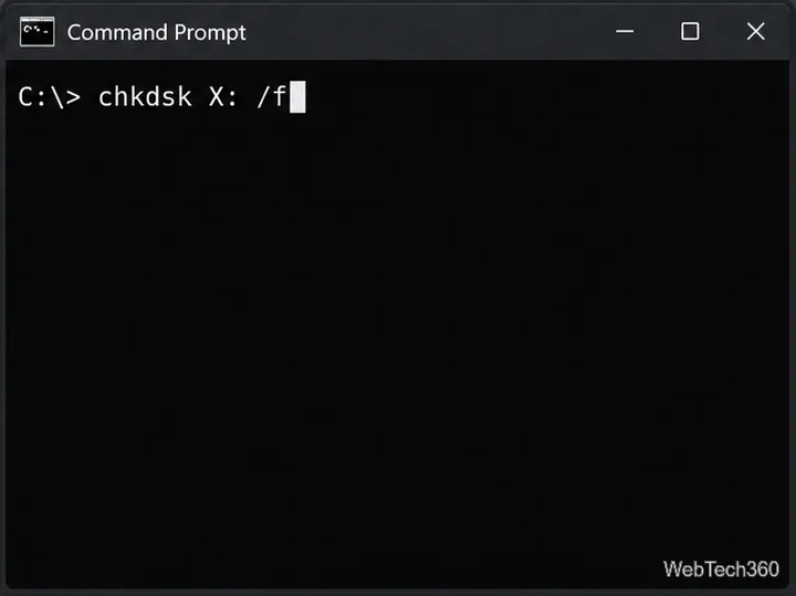 A Windows Command Prompt displays chkdsk X: /f as the follow-up NTFS repair command.