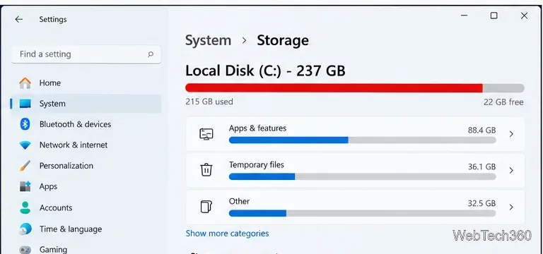 ภาพประกอบการตั้งค่าพื้นที่จัดเก็บข้อมูลของ Windows 11 แสดงการใช้งานดิสก์และไฟล์ชั่วคราว