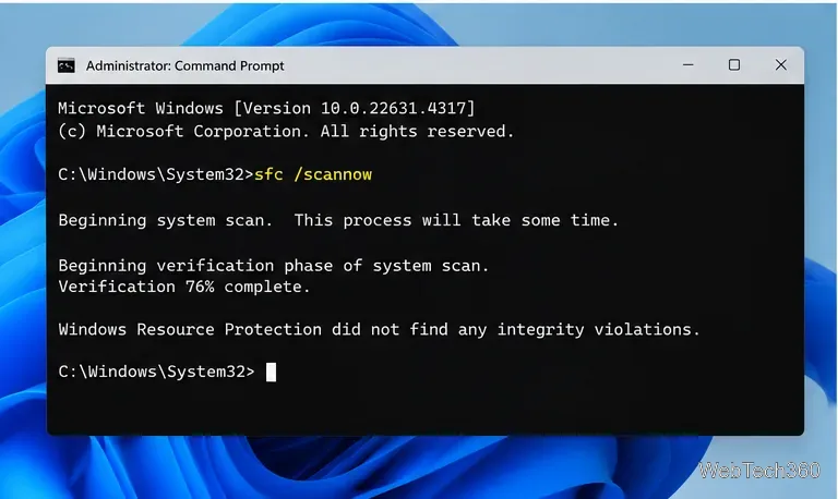 ภาพประกอบหน้าต่าง Command Prompt ของผู้ดูแลระบบ แสดงคำสั่ง sfc scannow และความคืบหน้าการสแกน