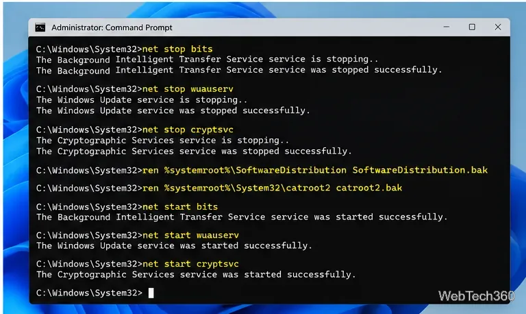 ภาพประกอบแสดงการหยุดและเริ่มต้นบริการ Windows Update ใหม่ระหว่างการรีเซ็ตส่วนประกอบในหน้าต่าง Command Prompt ของผู้ดูแลระบบ