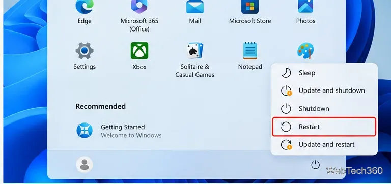 ภาพประกอบเมนู Start ของ Windows 11 โดยมีตัวเลือก Restart ถูกเน้นไว้ในเมนูพลังงาน