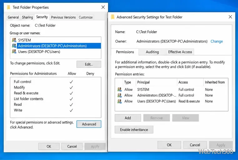 Вкладка «Безопасность» в свойствах папки Windows 10 и дополнительные параметры безопасности отображают записи о владельце и правах доступа.