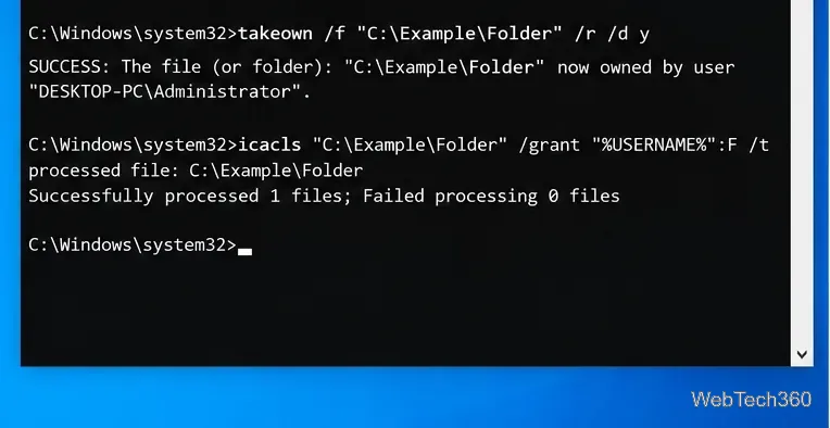 Командная строка Windows с правами администратора, отображающая команды takeown и icacls для папки.