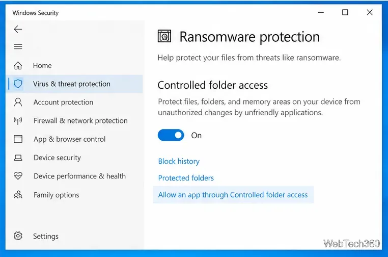 Страница защиты Windows от программ-вымогателей с включенным параметром «Контролируемый доступ к папкам» и видимым параметром «Разрешить приложению доступ к папкам».