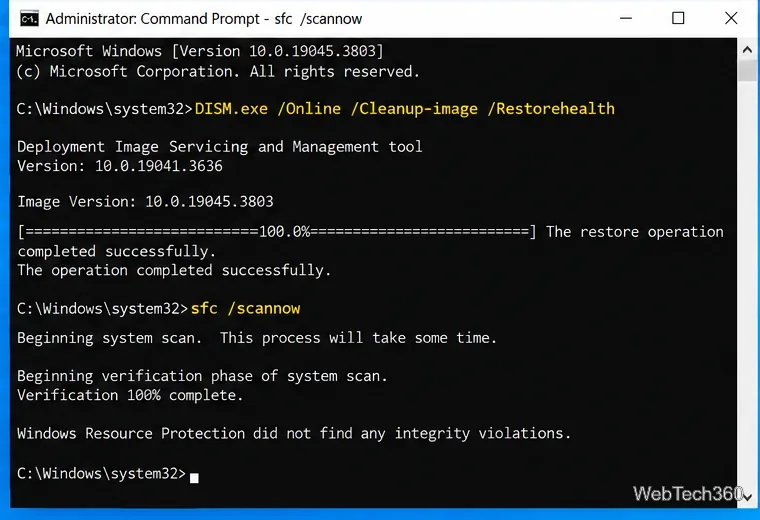 Administrator Command Prompt showing DISM RestoreHealth followed by sfc scannow