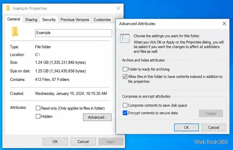 Windows 10 Advanced Attributes showing Encrypt contents to secure data enabled for a folder