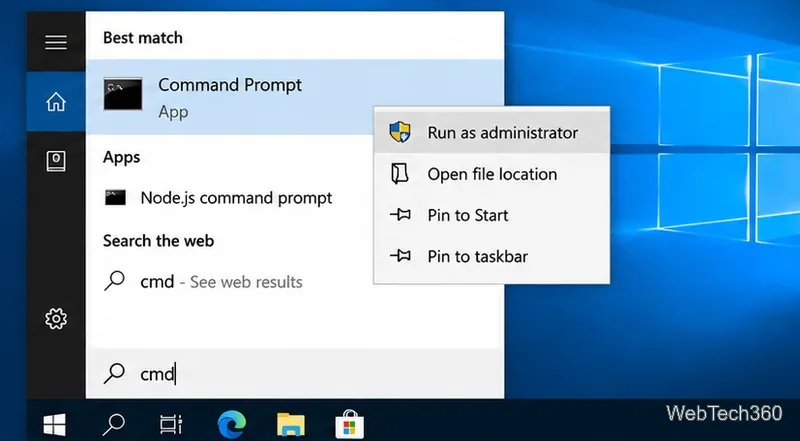 Windows 10 search menu showing Command Prompt with the Run as administrator option