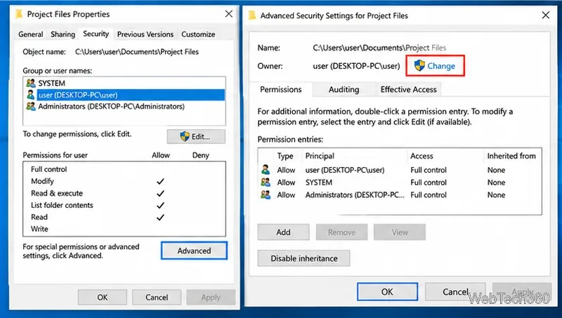 Windows 10 Security and Advanced Security Settings showing folder permissions and owner controls