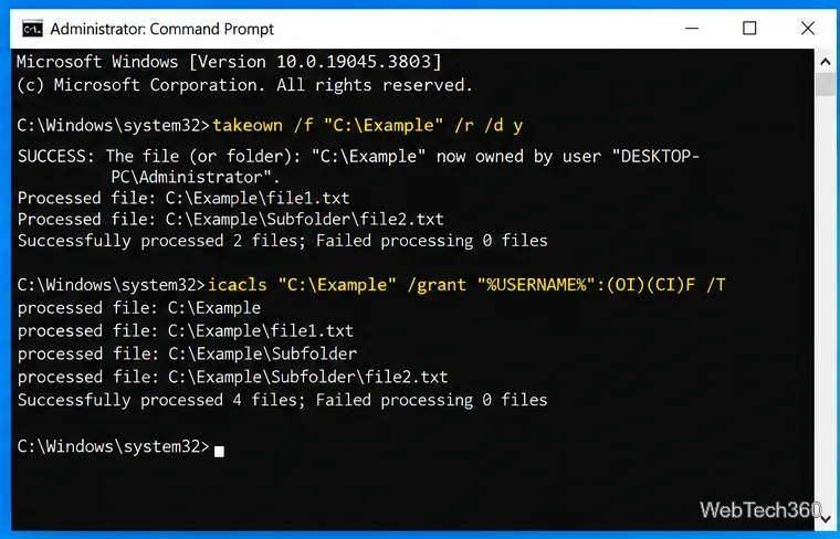 Administrator Command Prompt showing takeown and icacls commands for a specific folder
