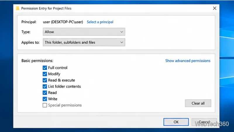 Windows 10 Permission Entry dialog showing permissions for a folder, subfolders, and files