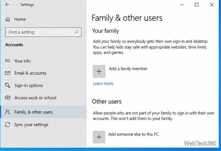 Windows 10 Settings Family and other users page with Add someone else to this PC