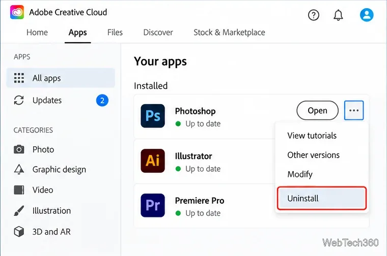 Adobe Creative Cloud installed apps list with the More actions menu open and Uninstall highlighted