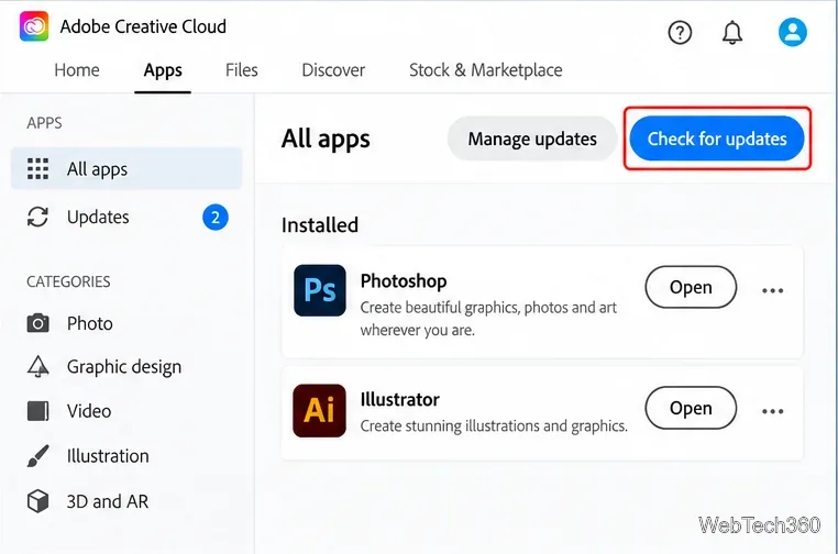 Adobe Creative Cloud Apps page with Manage updates and Check for updates visible