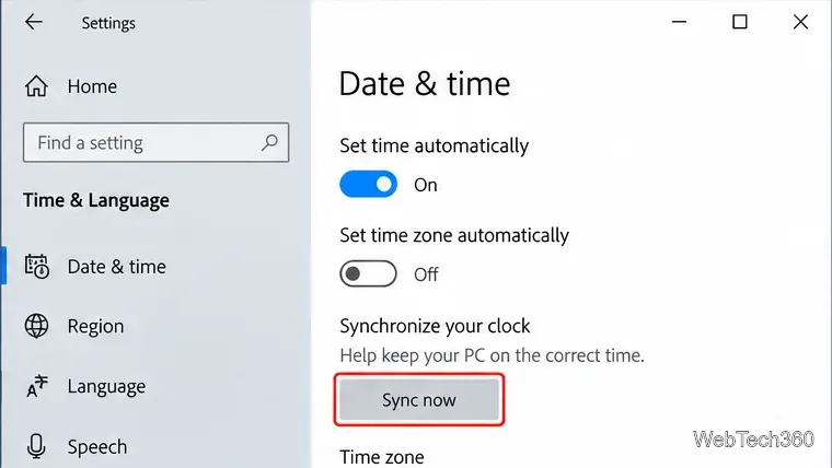 Windows 10 Date and time settings showing automatic time and the Sync now control