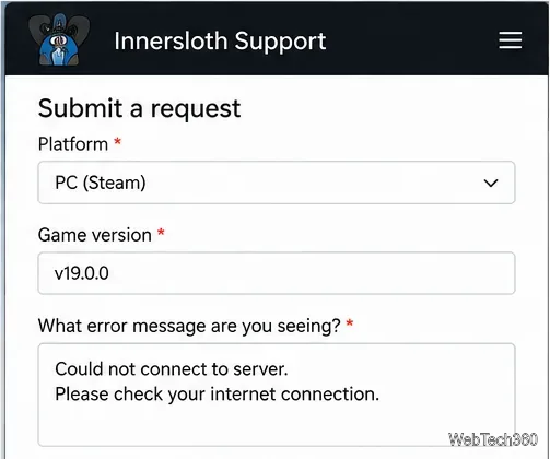 Форма запроса в службу поддержки Innersloth, содержащая поля «Версия игры на платформе» и «Ошибка подключения».