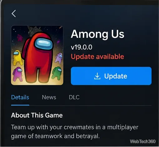 В лаунчере игры отображается запрос на обновление Among Us до версии 19.0.0.