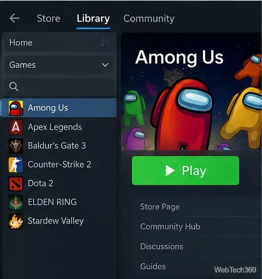 Страница библиотеки Steam с выбранным Among Us и видимой кнопкой «Играть».