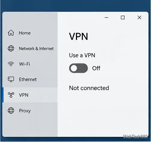 В настройках VPN Windows отображается сообщение о том, что VPN отключен и не подключен.