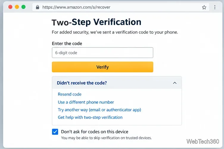 Two-step verification illustration showing code entry and recovery options for an Amazon account