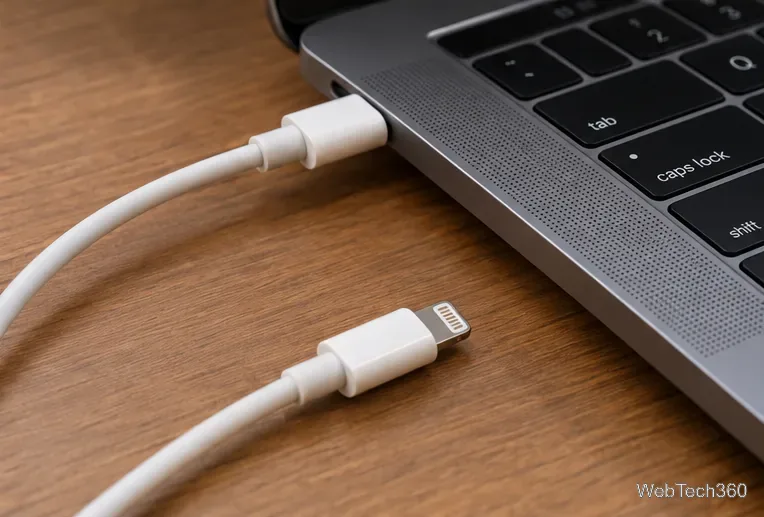 Un câble de données branché directement sur un ordinateur portable Mac, avec un connecteur d'iPhone visible à côté.