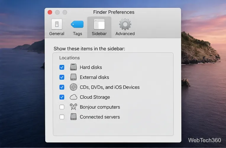 Dans l'onglet Barre latérale des préférences du Finder, les options CD, DVD et appareils iOS sont cochées sous Emplacements.
