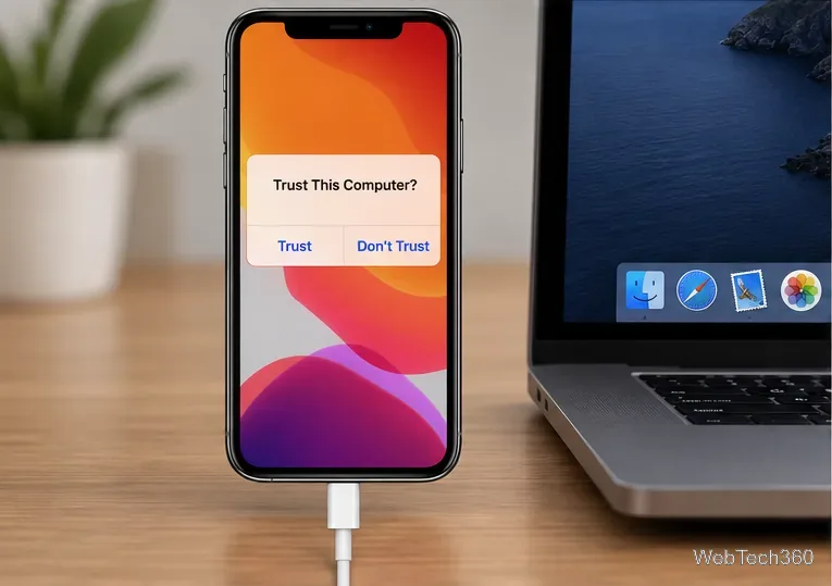 Un iPhone déverrouillé connecté à un Mac affiche le message « Faire confiance à cet ordinateur » avec les boutons « Faire confiance » et « Ne pas faire confiance ».