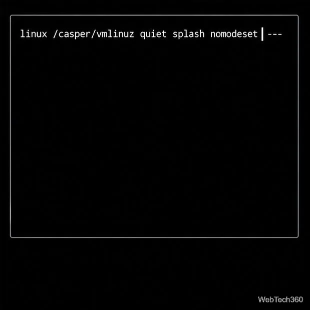 A GRUB editor command line with nomodeset added to the Linux boot parameters before the separator