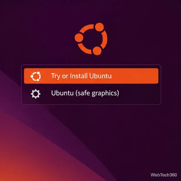 An Ubuntu-style boot menu showing Try or Install Ubuntu and an optional Ubuntu safe graphics entry