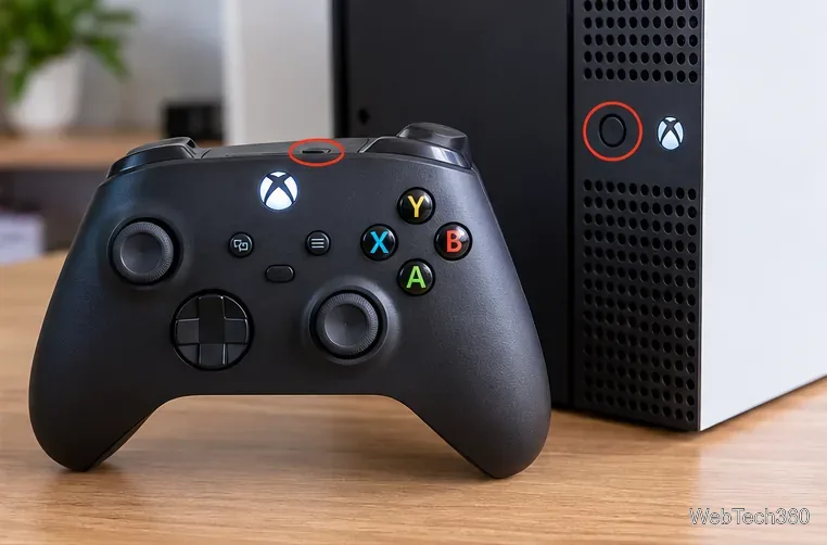 Xbox本体の横に置かれたXboxワイヤレスコントローラー。ペアリングボタンがハイライト表示されている。