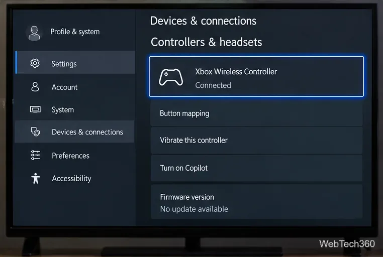 Xboxの設定画面には、「デバイスと接続」、「コントローラーとヘッドセット」、「コントローラーのファームウェア」オプションが表示されます。