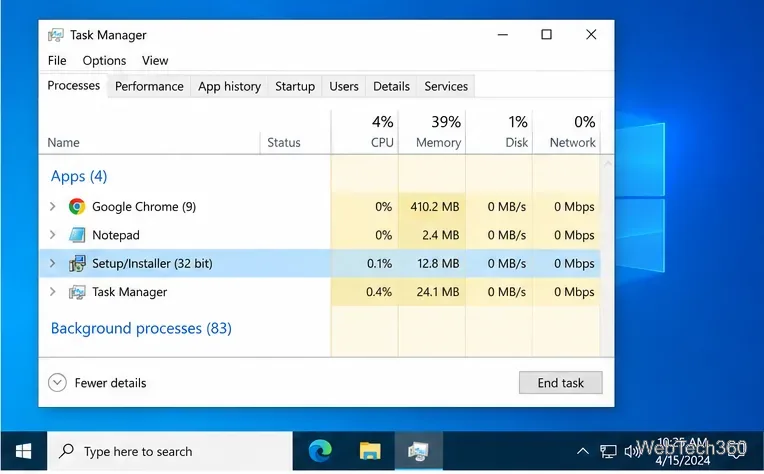 Диспетчер задач Windows 10, в котором выбран процесс установки.