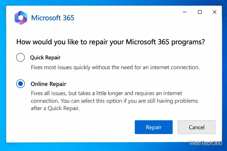 Окно восстановления Microsoft 365 с выбранным параметром «Онлайн-восстановление»