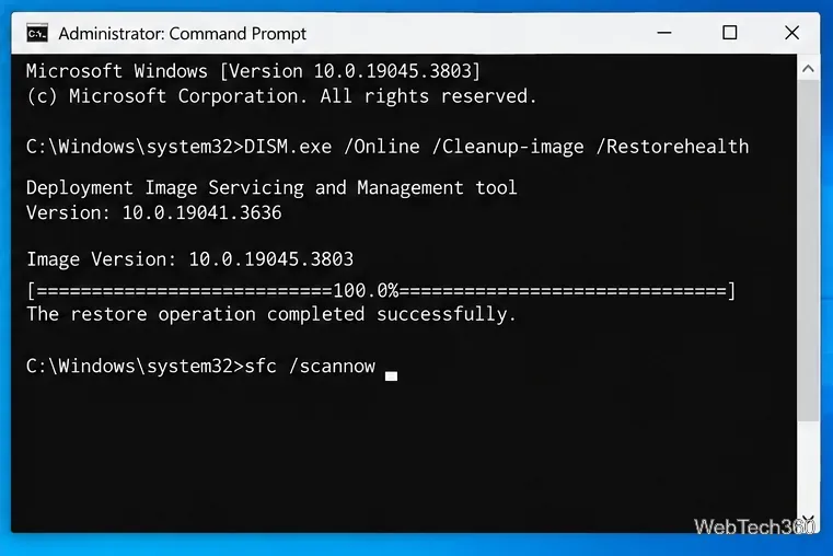 Командная строка администратора в Windows 10, отображающая команды DISM и sfc scannow.