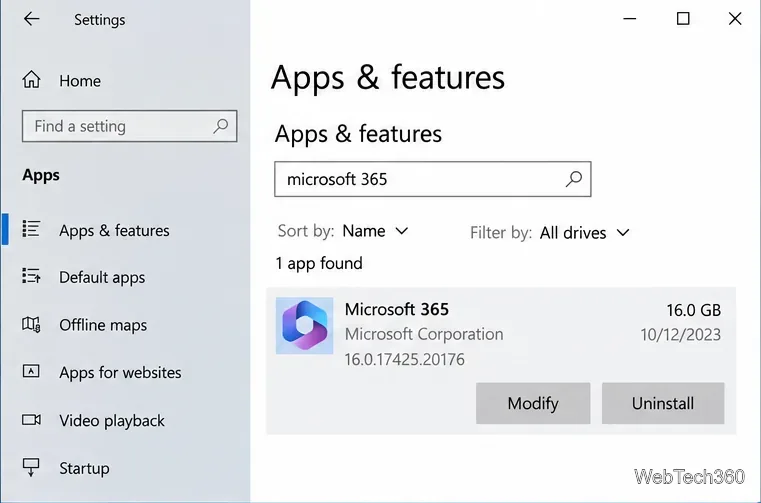 Экран «Приложения и функции» Windows 10, отображающий Microsoft 365 с опцией «Изменить».