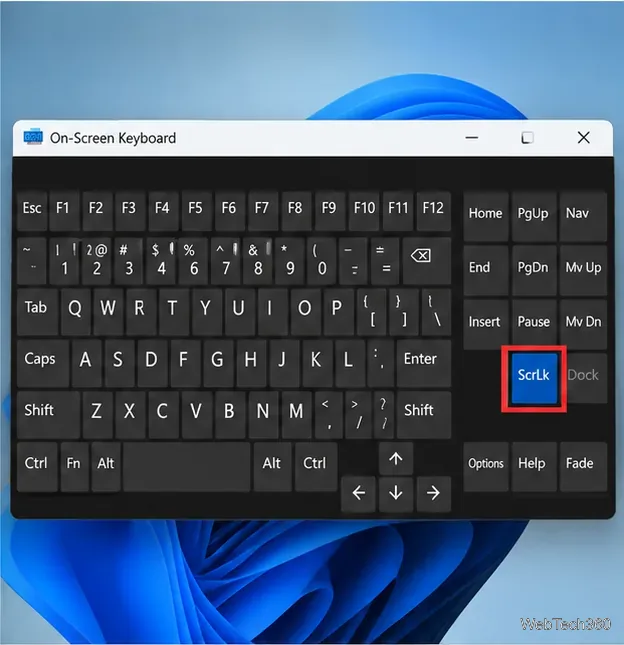 Windows On-Screen Keyboard with the ScrLk key highlighted