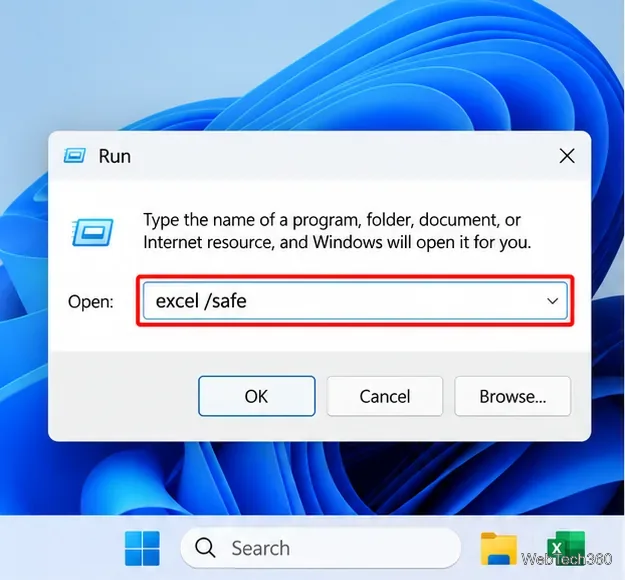 Windows Run dialog containing the command excel slash safe