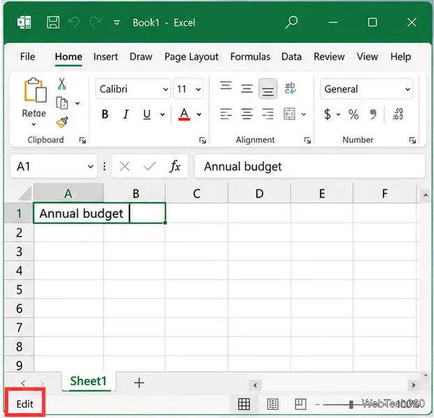 Excel worksheet showing Edit mode in the status bar while text is being edited in cell A1