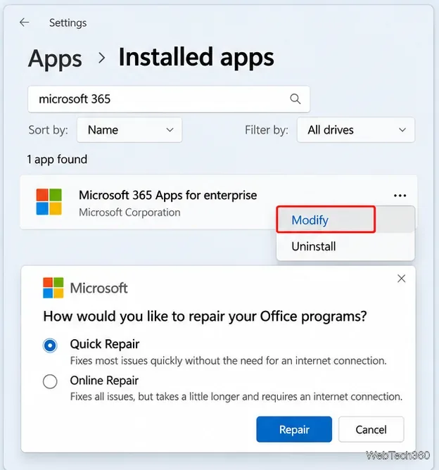 Windows Installed apps screen with Microsoft 365 Modify and the Office repair choices visible