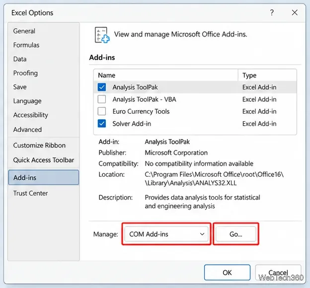 Excel Options Add-ins page with COM Add-ins and the Go button highlighted