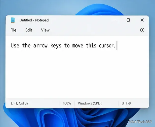 Notepad window with a text cursor ready for an arrow-key keyboard test