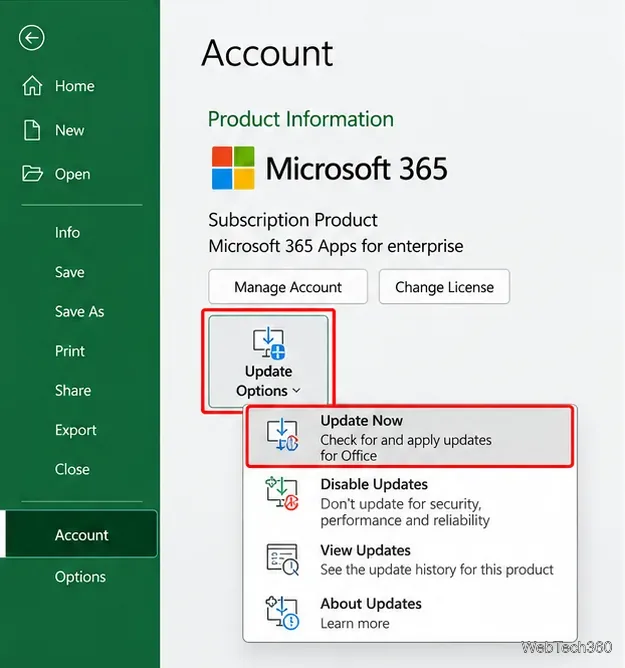Microsoft 365 Account page with Update Options and Update Now highlighted