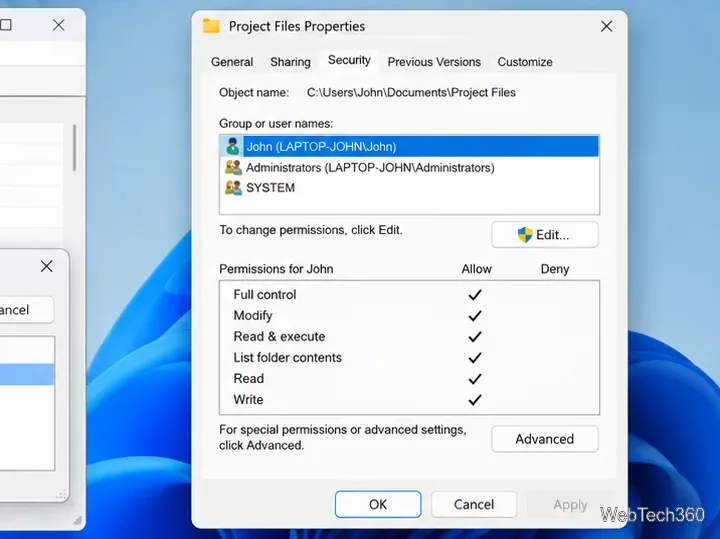 Propriétés du dossier Windows, onglet Sécurité affichant les autorisations du compte, boutons Modifier et Avancé