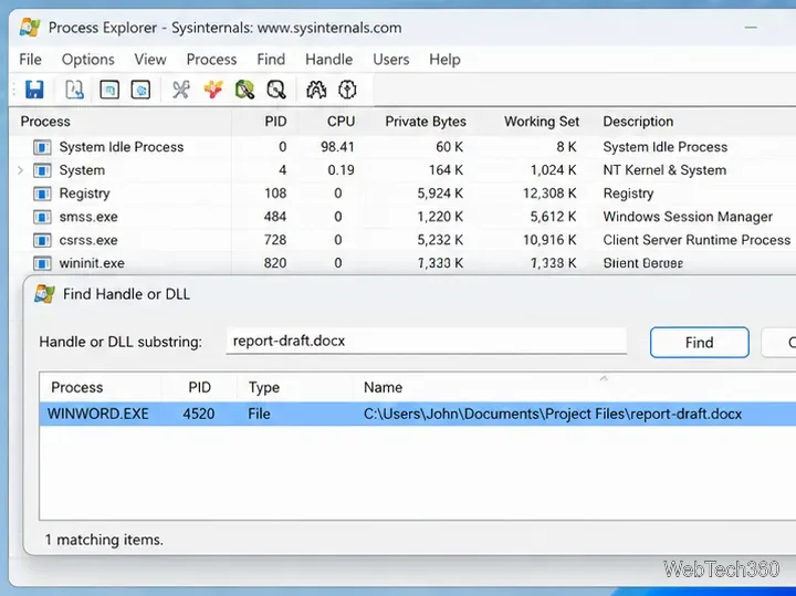 L'explorateur de processus Microsoft (Recherche de handle ou de DLL) affiche WINWORD.EXE contenant report-draft.docx.