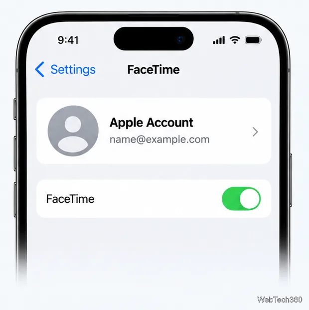 Pagina de setări FaceTime a iPhone-ului care afișează rândul Cont Apple și FaceTime activat.